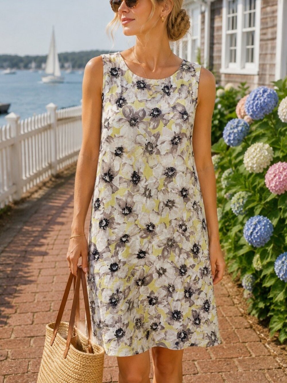 J. Jill Love Linen Floral Shift Dress Women's Medium Yellow Grey Sleeveless